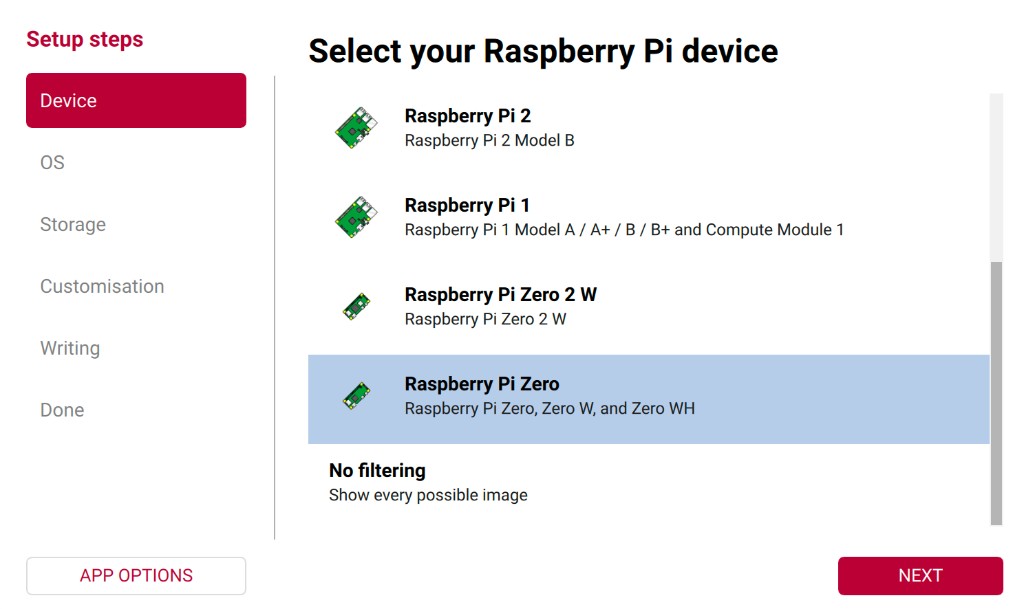 Raspberry Pi Imager selecting Raspberry Pi Zero for Pi-hole setup